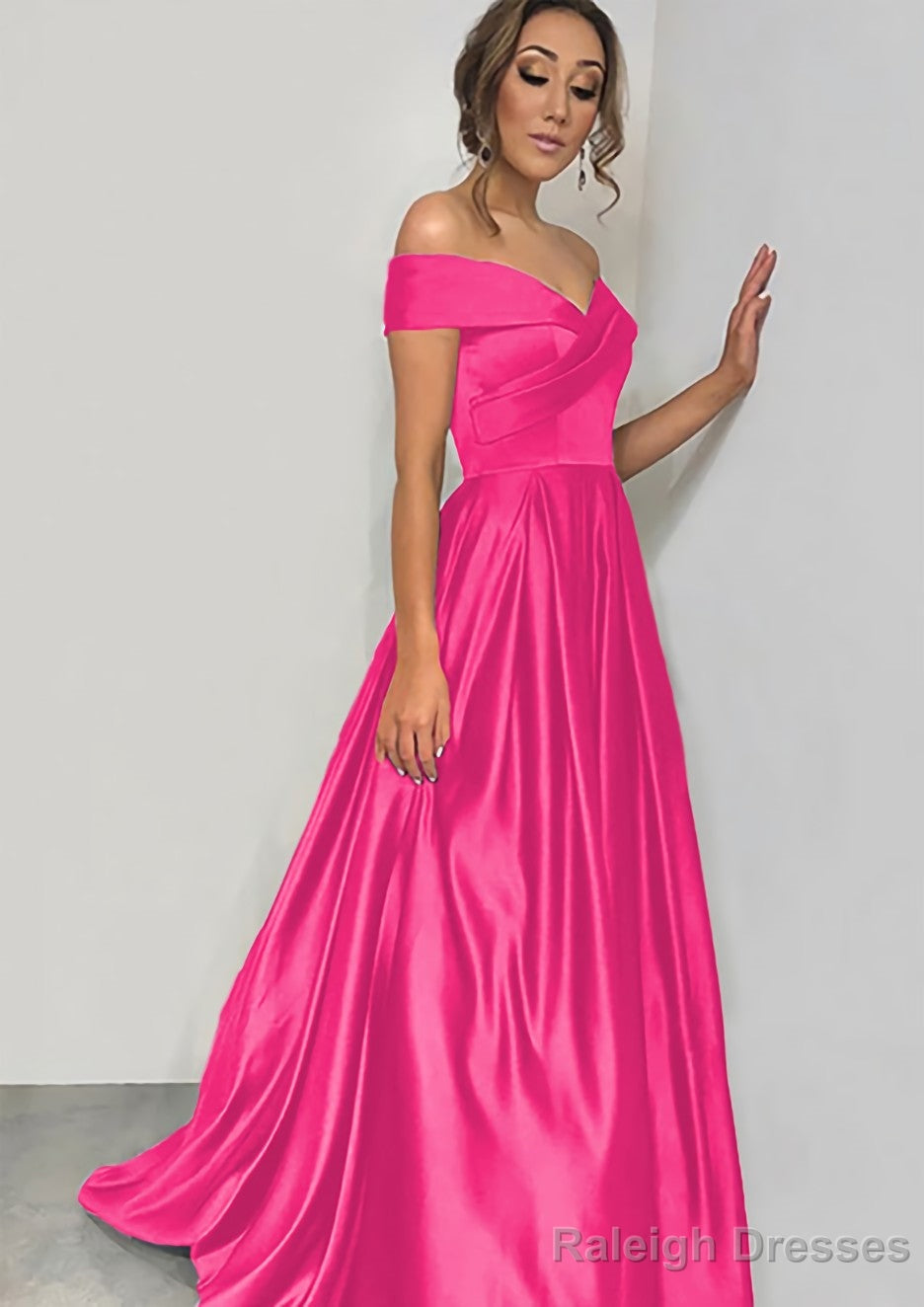 A-line/Princess Off-the-Shoulder Sleeveless Sweep Train Satin Prom Dresses With Pleated