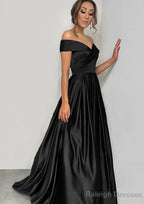 A-line/Princess Off-the-Shoulder Sleeveless Sweep Train Satin Prom Dresses With Pleated