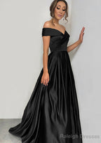 A Line Off-the-Shoulder Sleeveless Sweep Train Satin Prom Dress With Pleated