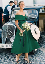 A Line Off-the-Shoulder Sleeveless Tea-Length Satin Bridesmaid Dress With Low Back