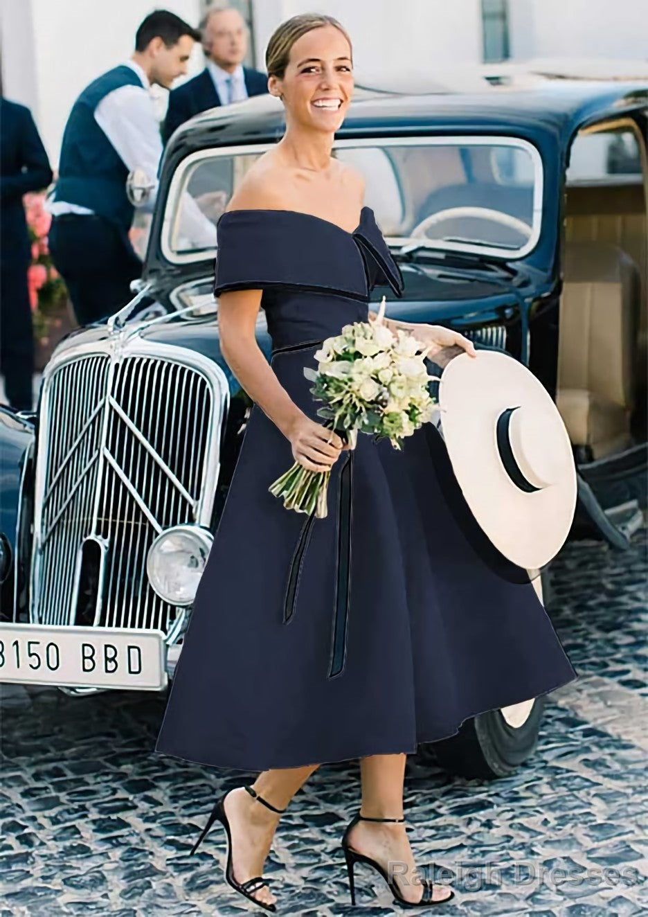 A Line Off-the-Shoulder Sleeveless Tea-Length Satin Bridesmaid Dress With Low Back Secondary image