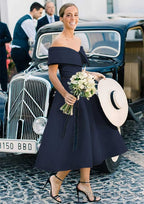 A Line Off-the-Shoulder Sleeveless Tea-Length Satin Bridesmaid Dress With Low Back
