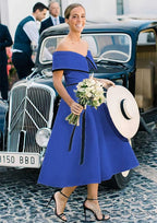 A Line Off-the-Shoulder Sleeveless Tea-Length Satin Bridesmaid Dress With Low Back