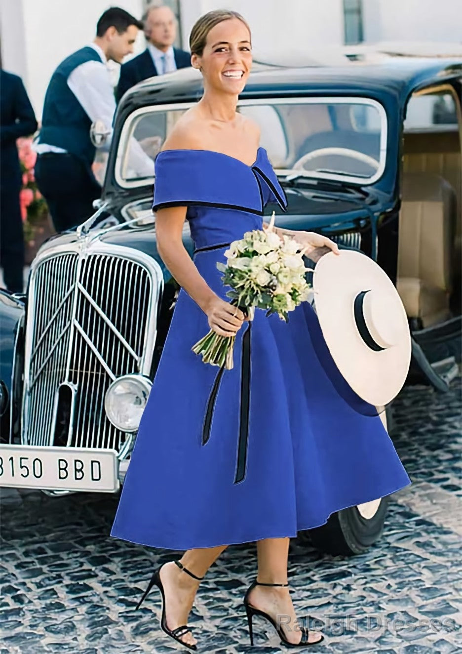 A Line Off-the-Shoulder Sleeveless Tea-Length Satin Bridesmaid Dress With Low Back