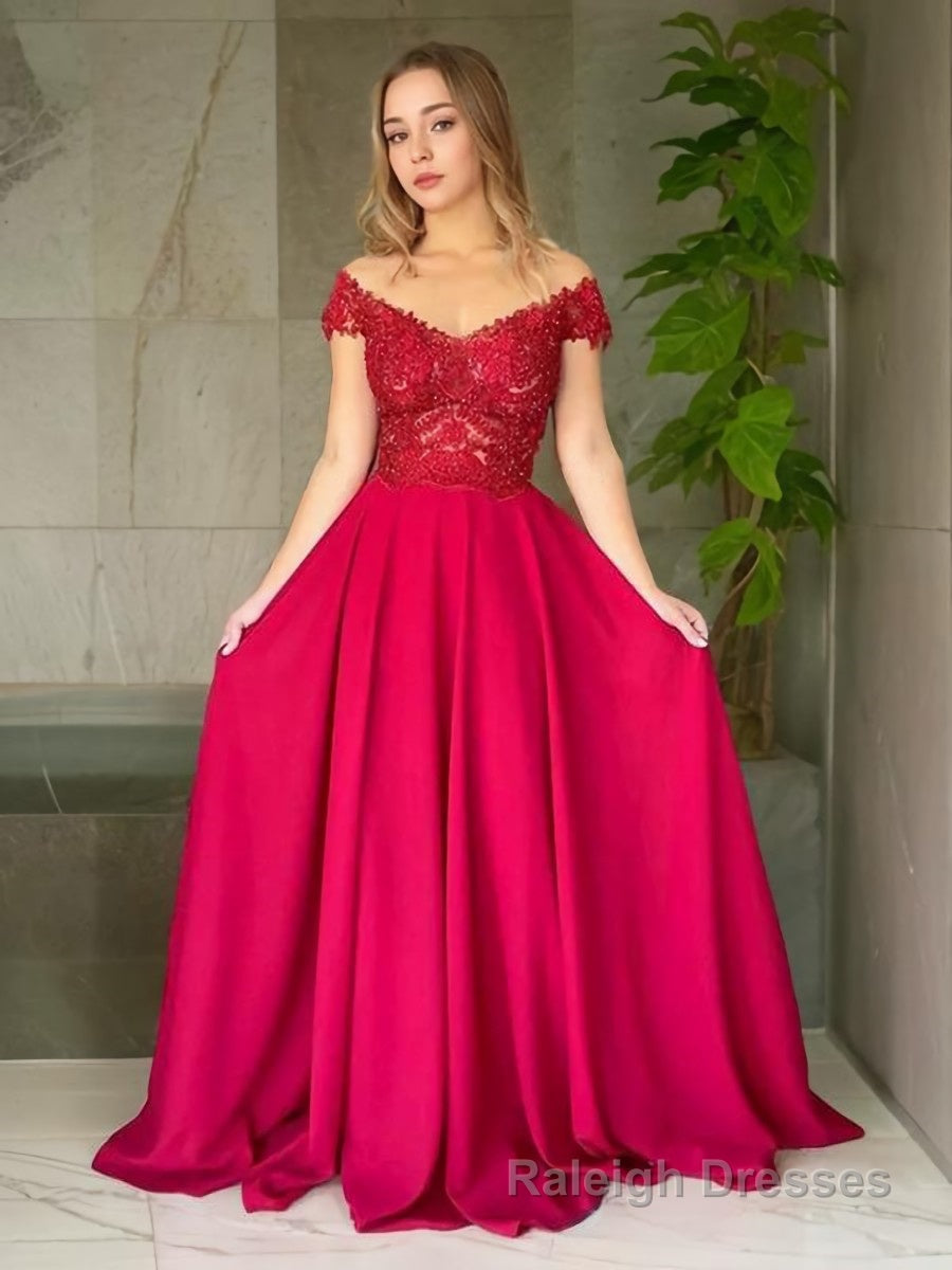 A-Line/Princess Off-the-Shoulder Sweep Train Elastic Woven Satin Evening Dresses With Appliques Lace Secondary image
