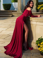 A Line Off-the-Shoulder Sweep Train Jersey Prom Dresses With Leg Slit