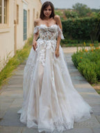 A Line Off-the-Shoulder Sweep Train Lace Wedding Dresses
