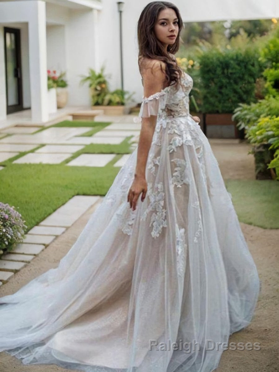 A Line Off-the-Shoulder Sweep Train Lace Wedding Dresses