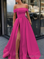 A-Line/Princess Off-the-Shoulder Sweep Train Satin Prom Dresses With Leg Slit
