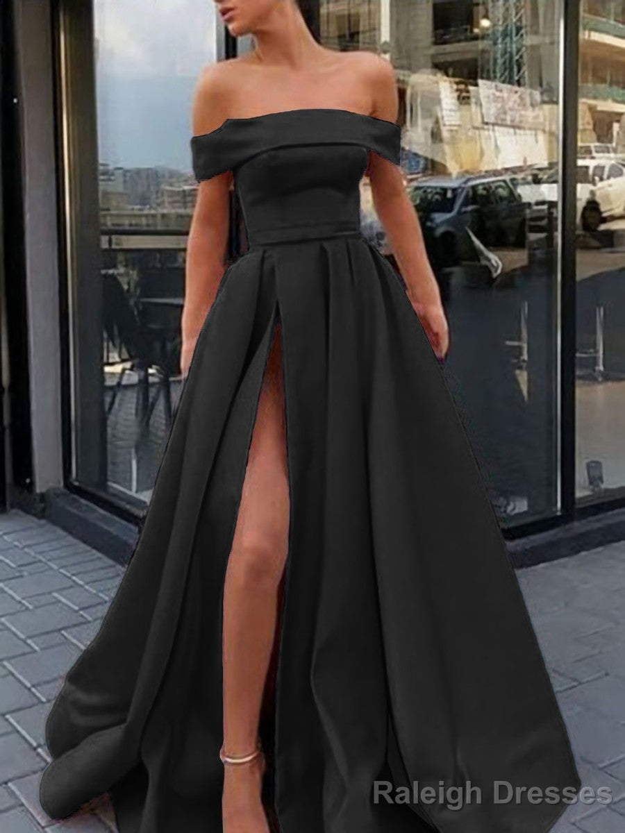 A-Line/Princess Off-the-Shoulder Sweep Train Satin Prom Dresses With Leg Slit Secondary image