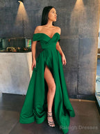 A Line Off-the-Shoulder Sweep Train Satin Prom Dress With Leg Slit