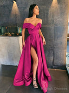 A-Line/Princess Off-the-Shoulder Sweep Train Satin Prom Dresses With Leg Slit