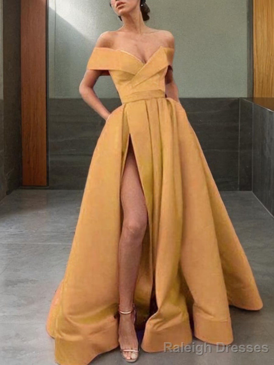 A Line Off-the-Shoulder Sweep Train Satin Prom Dress With Leg Slit Main image