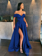 A Line Off-the-Shoulder Sweep Train Satin Prom Dress With Leg Slit