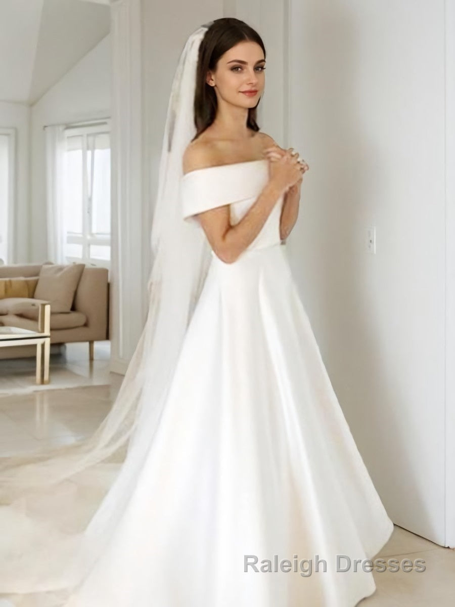 A Line Off-the-Shoulder Sweep Train Satin Wedding Dresses