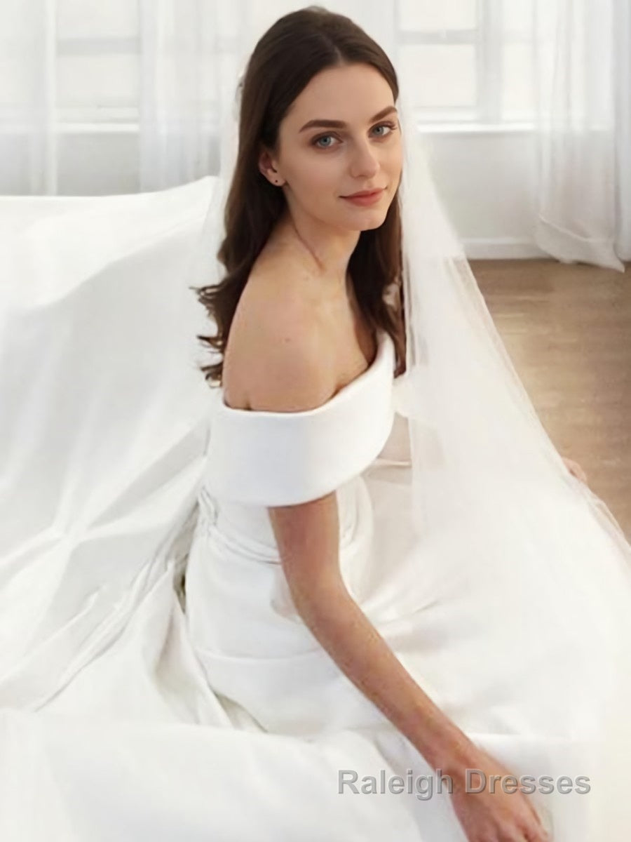 A Line Off-the-Shoulder Sweep Train Satin Wedding Dresses