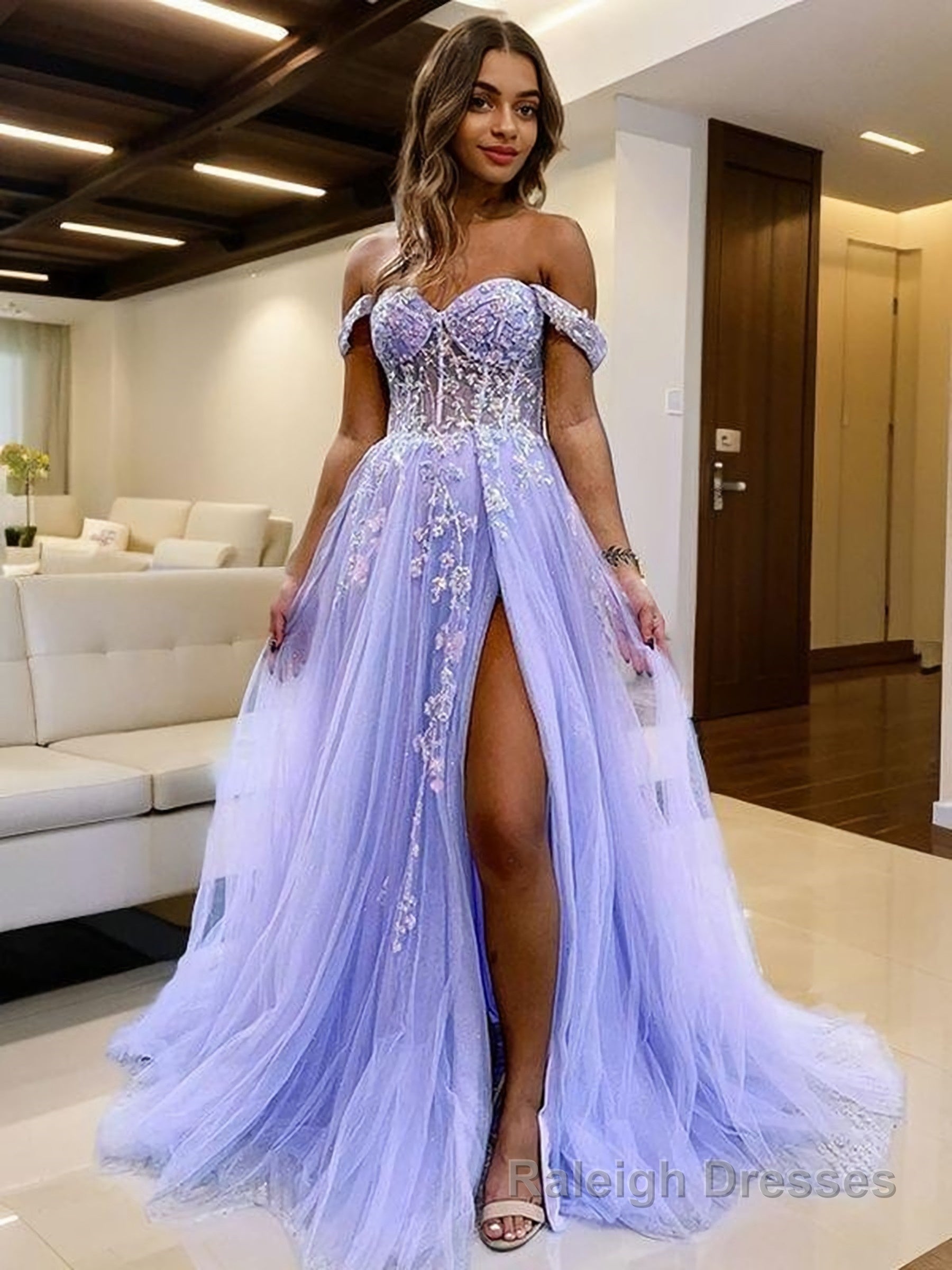 A-Line/Princess Off-the-Shoulder Sweep Train Tulle Prom Dresses With Leg Slit Secondary image