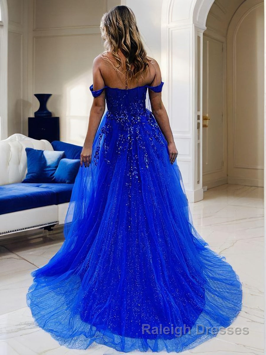 A Line Off-the-Shoulder Sweep Train Tulle Prom Dresses With Leg Slit