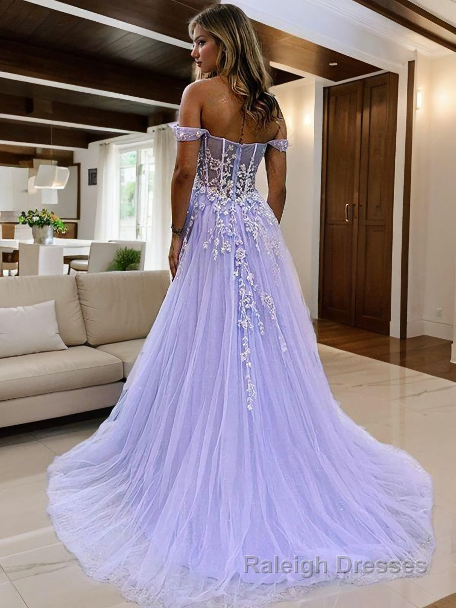 A Line Off-the-Shoulder Sweep Train Tulle Prom Dresses With Leg Slit