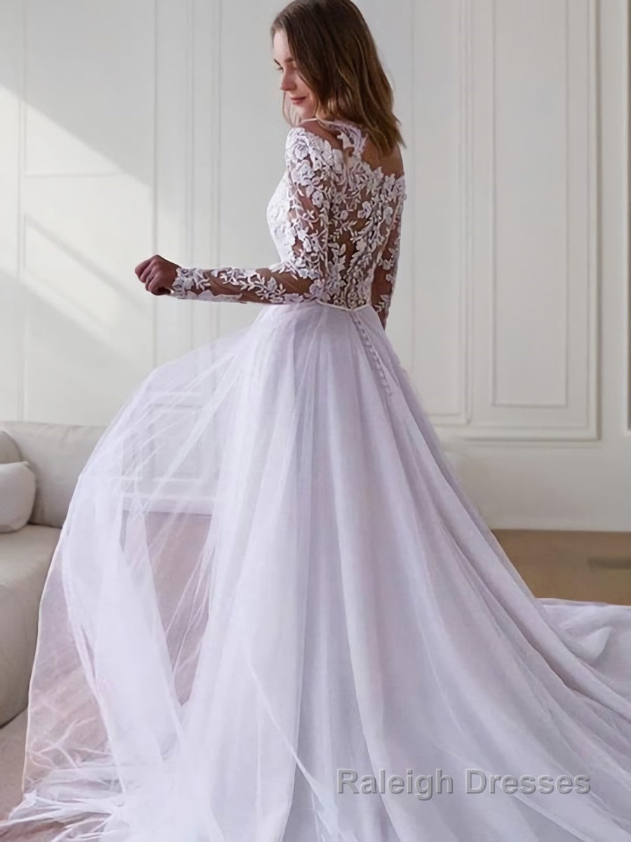 A Line Off-the-Shoulder Sweep Train Tulle Wedding Dresses