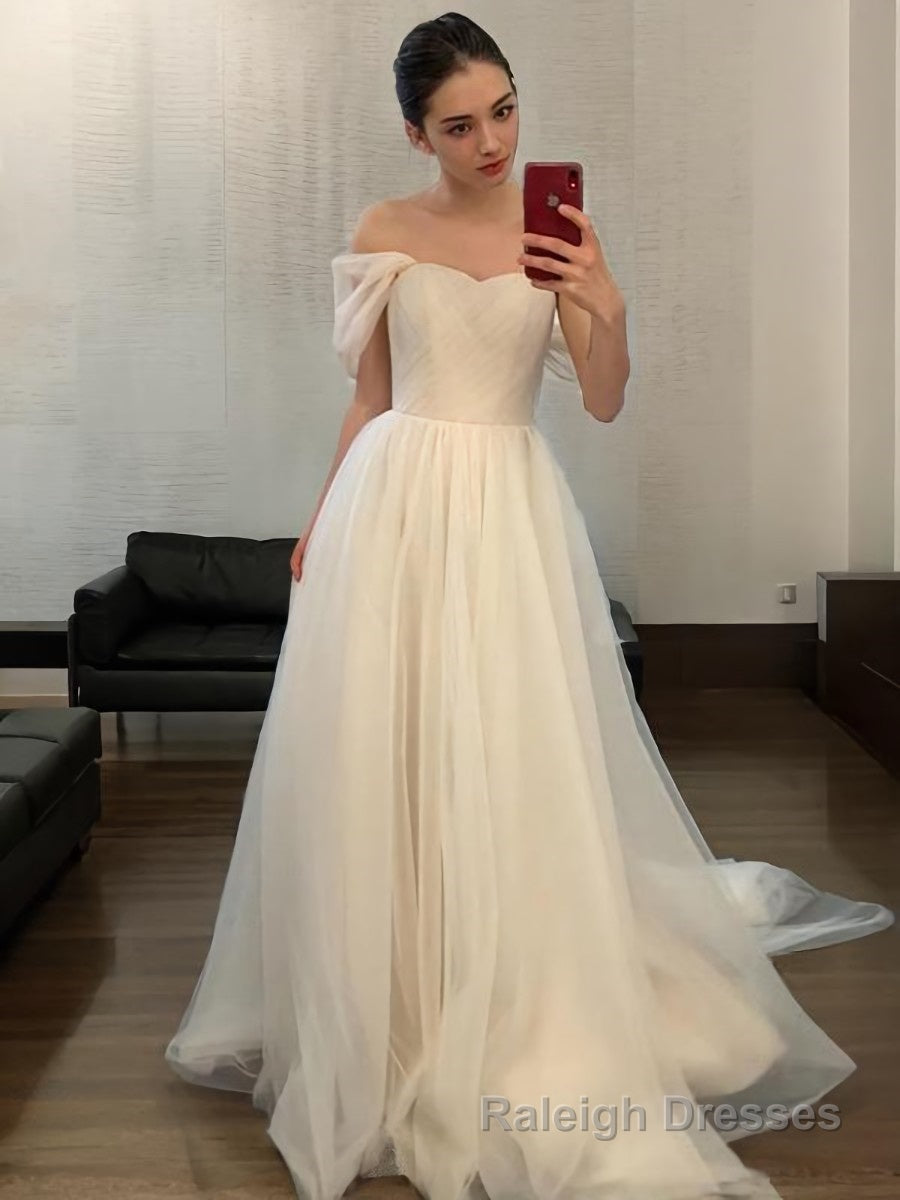 A Line Off-the-Shoulder Sweep Train Tulle Wedding Dresses