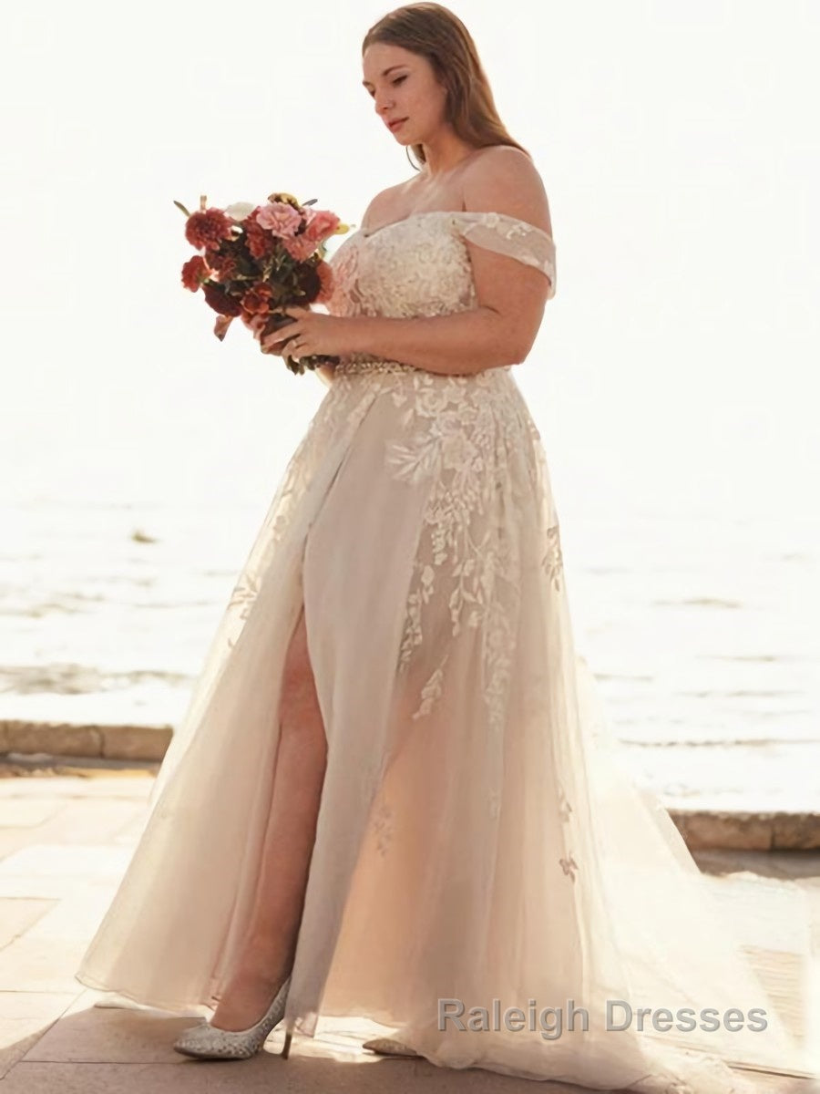 A Line Off-the-Shoulder Sweep Train Tulle Wedding Dresses With Leg Slit Main image