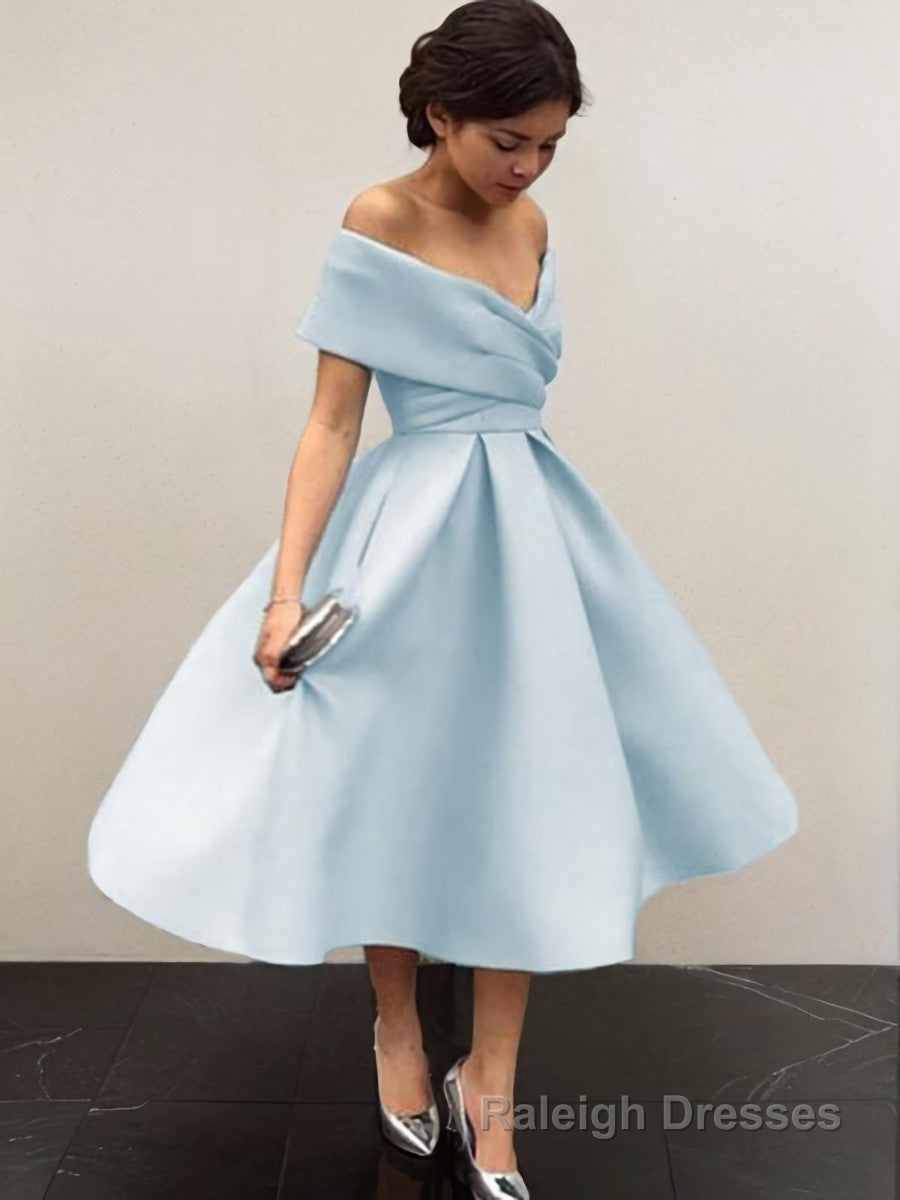 A Line Off-the-Shoulder Tea-Length Satin Homecoming Dresses With Ruffles Main image
