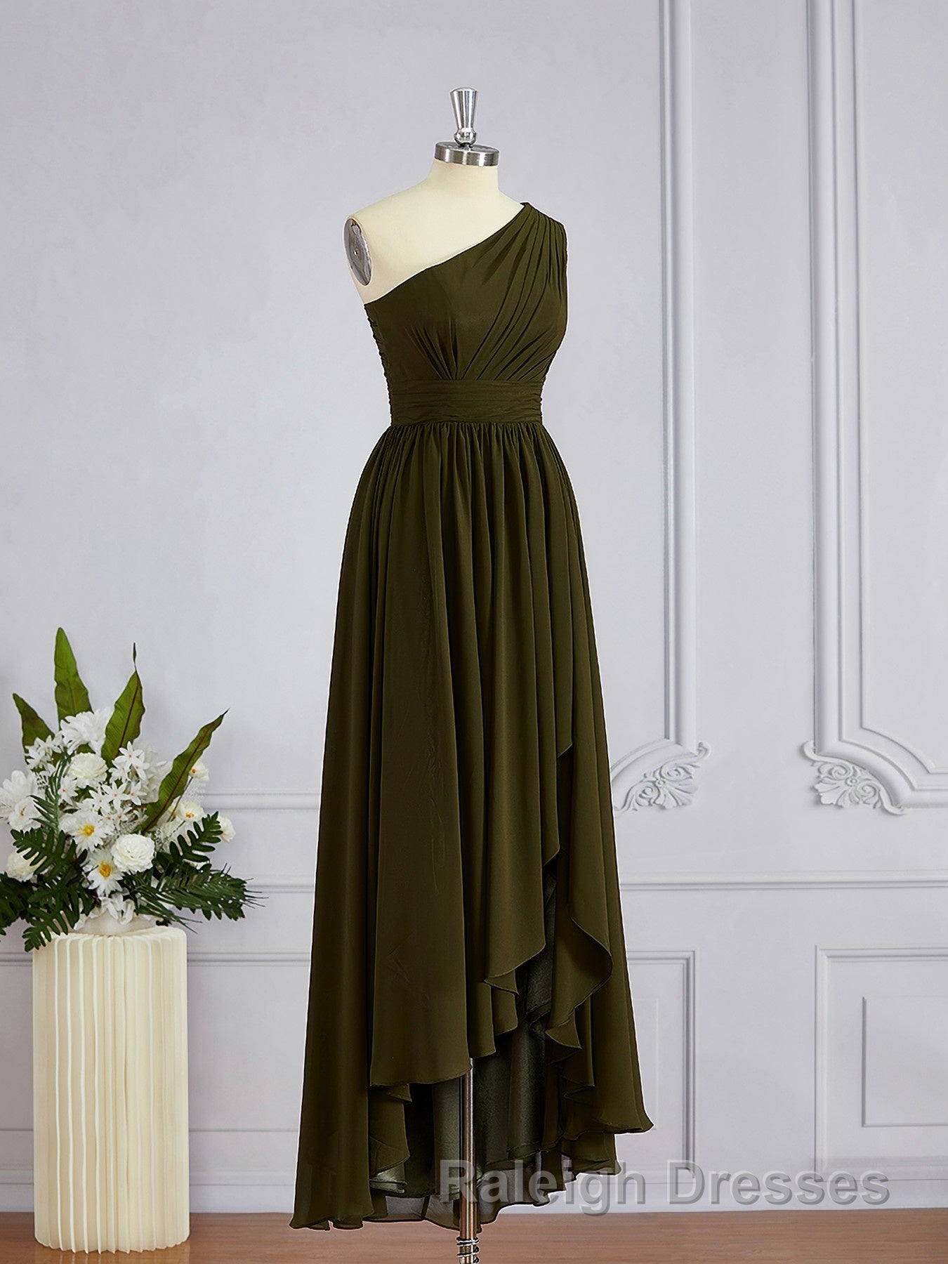A Line One Shoulder Asymmetrical Chiffon Bridesmaid Dress with Pleated