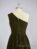 A Line One Shoulder Asymmetrical Chiffon Bridesmaid Dress with Pleated