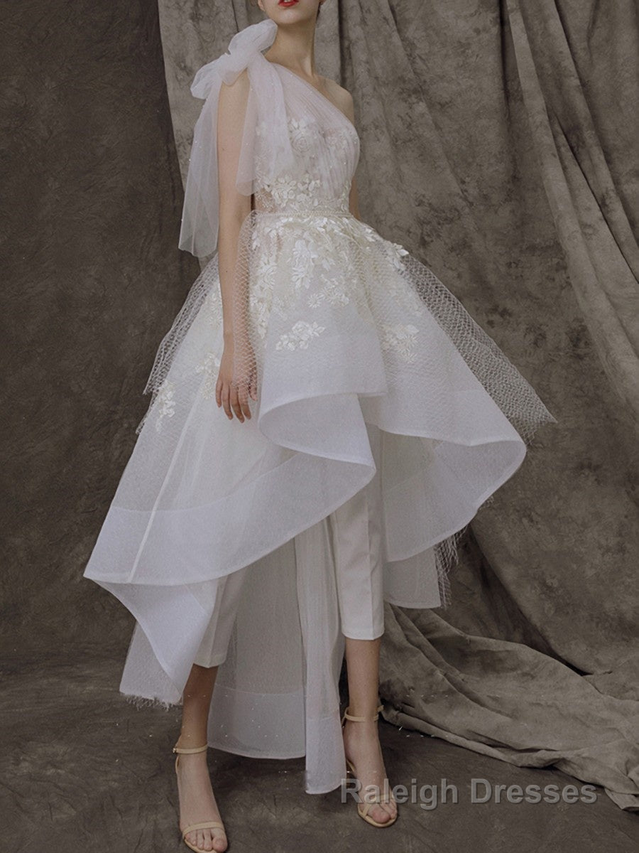 A Line One Shoulder Asymmetrical Tulle Wedding Dresses With Appliques Lace