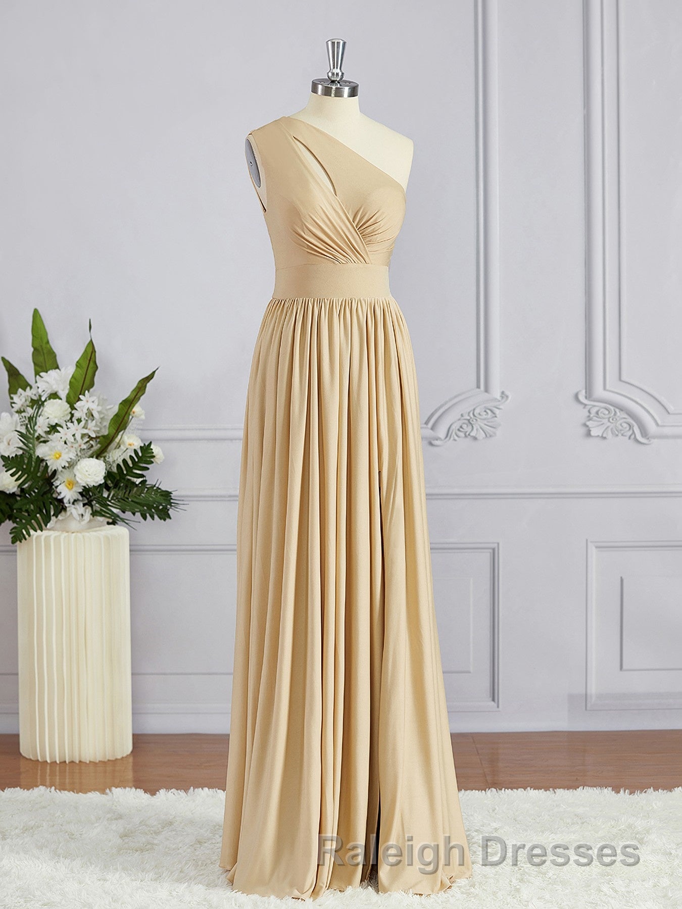 A Line One Shoulder Floor Length Jersey Bridesmaid Dress with Leg Slit
