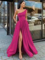 A Line One Shoulder Floor Length Satin Prom Dress With Leg Slit