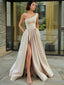 A Line One Shoulder Floor Length Satin Prom Dress With Leg Slit
