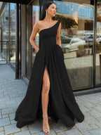 A Line One Shoulder Floor Length Satin Prom Dress With Leg Slit
