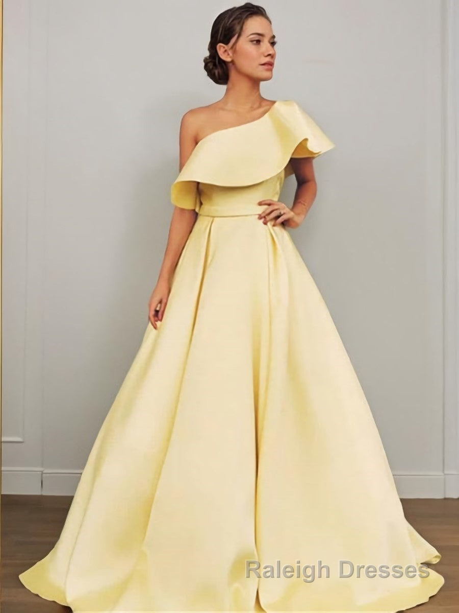 A Line One Shoulder Floor Length Satin Prom Dresses With Ruffles Main image