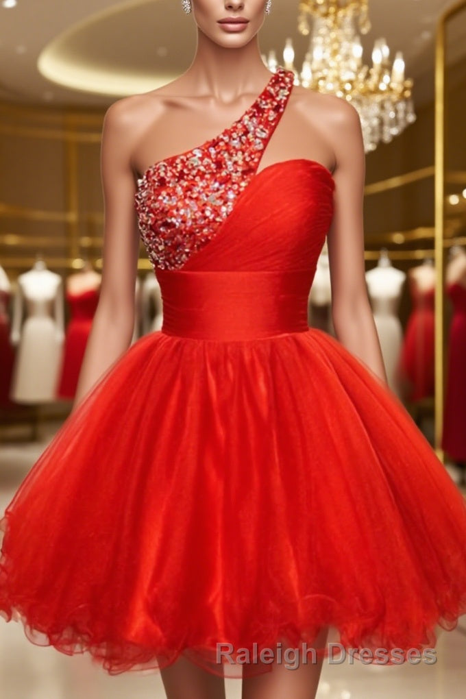 A-Line/Princess One-Shoulder Short/Mini Tulle Homecoming Dresses With Sequin Main image