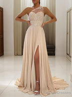 A Line One Shoulder Sweep Train Chiffon Prom Dress With Leg Slit