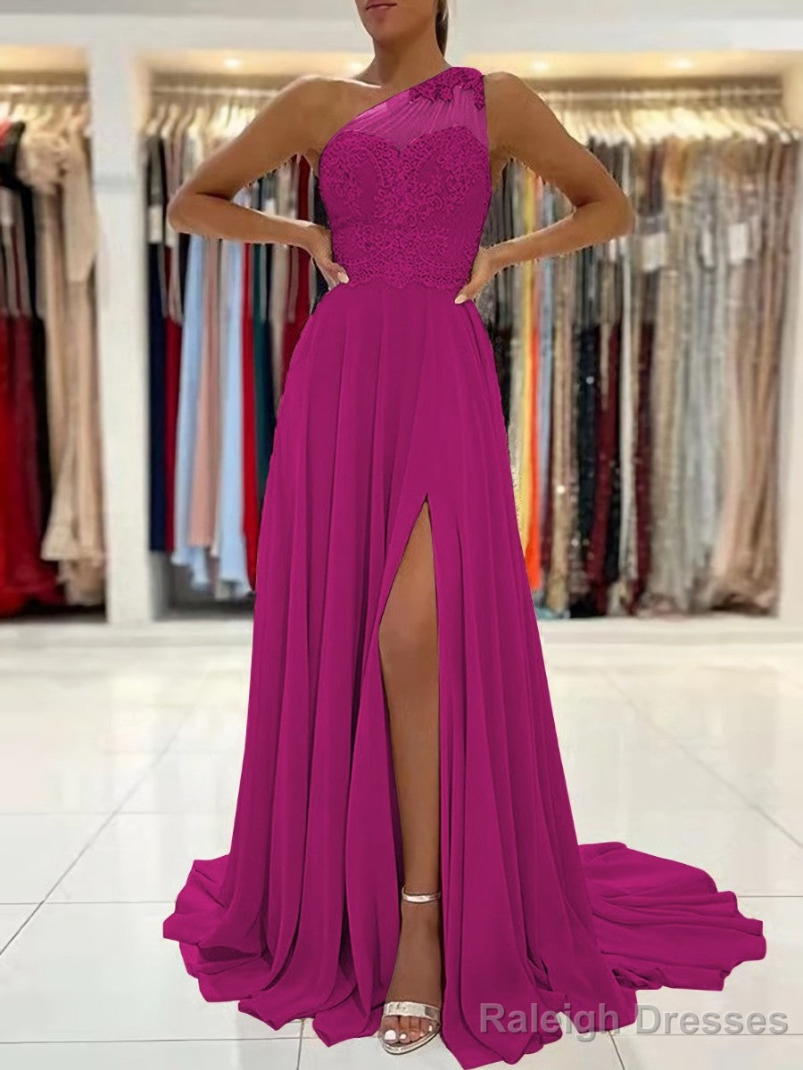 A Line One Shoulder Sweep Train Chiffon Prom Dress With Leg Slit