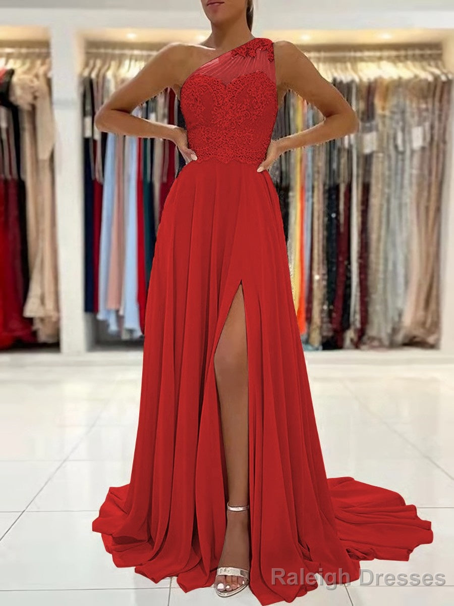 A Line One Shoulder Sweep Train Chiffon Prom Dress With Leg Slit
