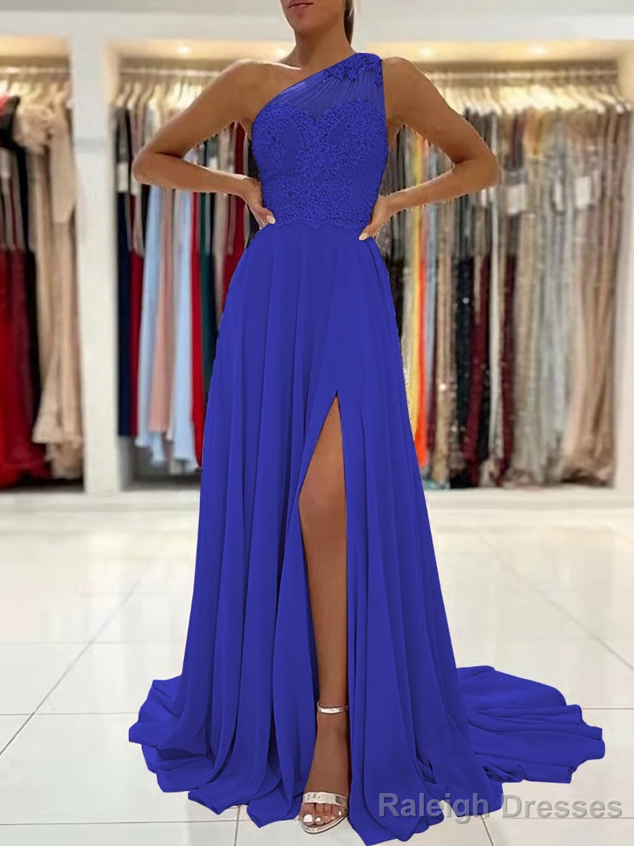 A Line One Shoulder Sweep Train Chiffon Prom Dress With Leg Slit