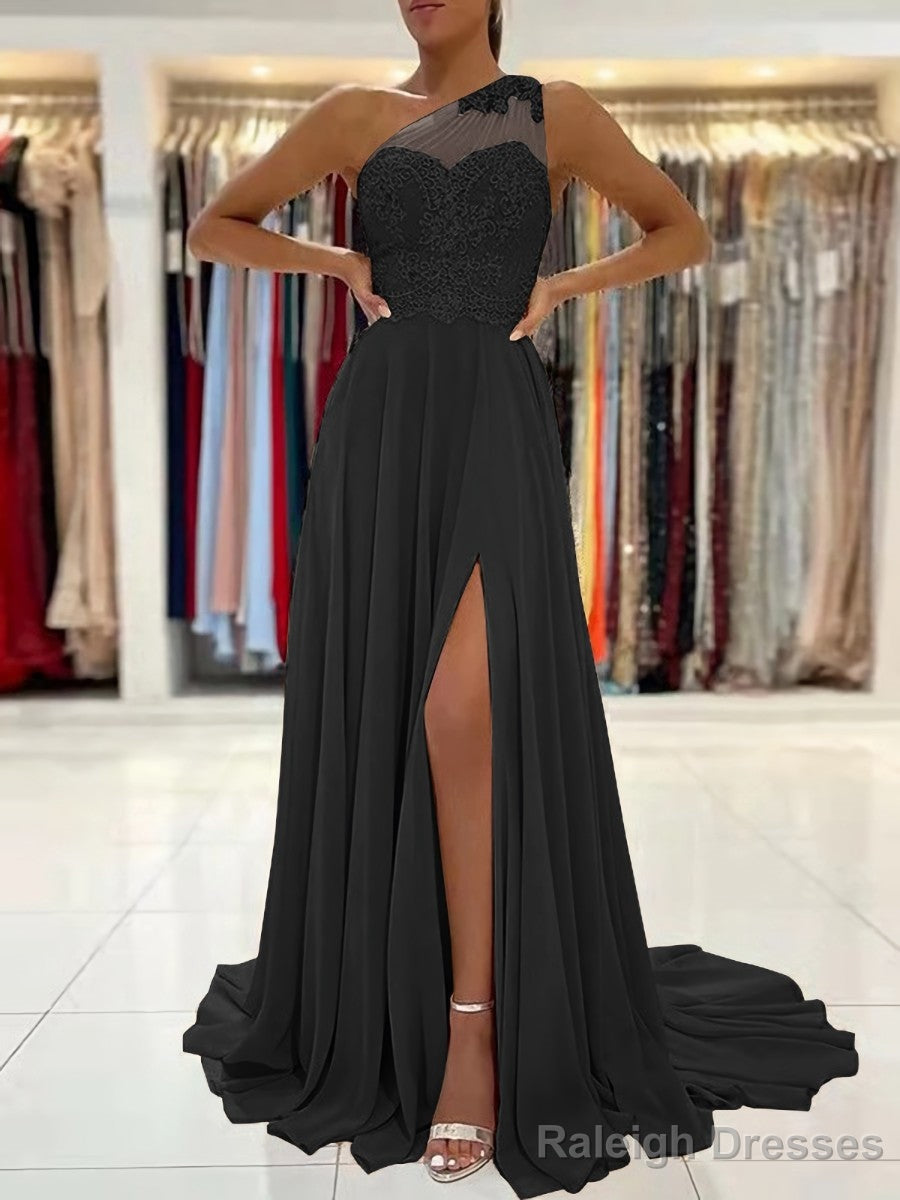 A Line One Shoulder Sweep Train Chiffon Prom Dress With Leg Slit Secondary image