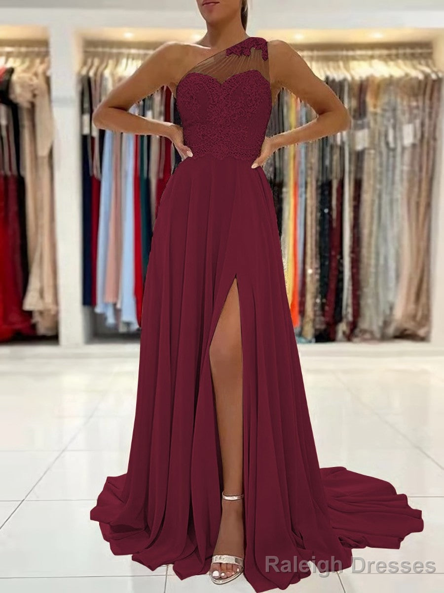 A Line One Shoulder Sweep Train Chiffon Prom Dress With Leg Slit