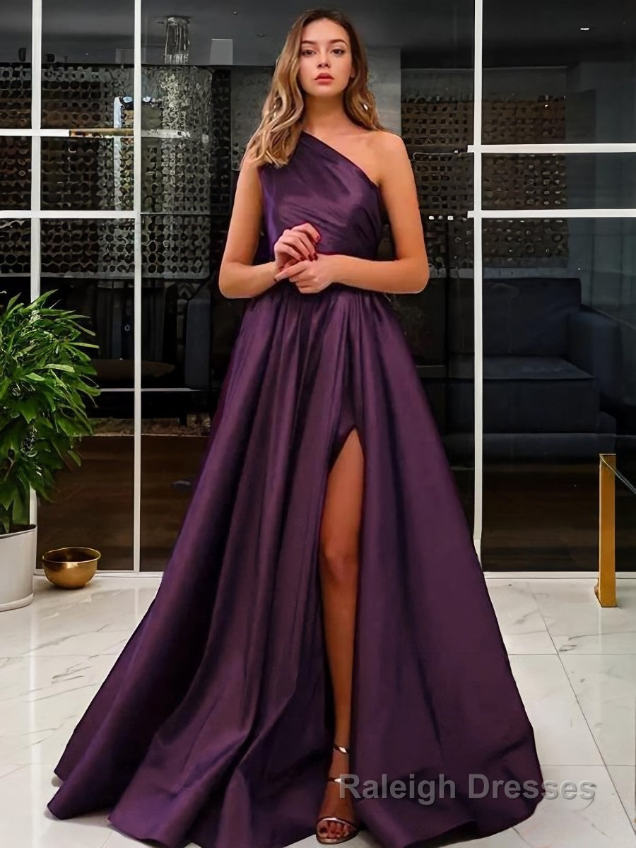 A Line One Shoulder Sweep Train Satin Prom Dresses With Leg Slit