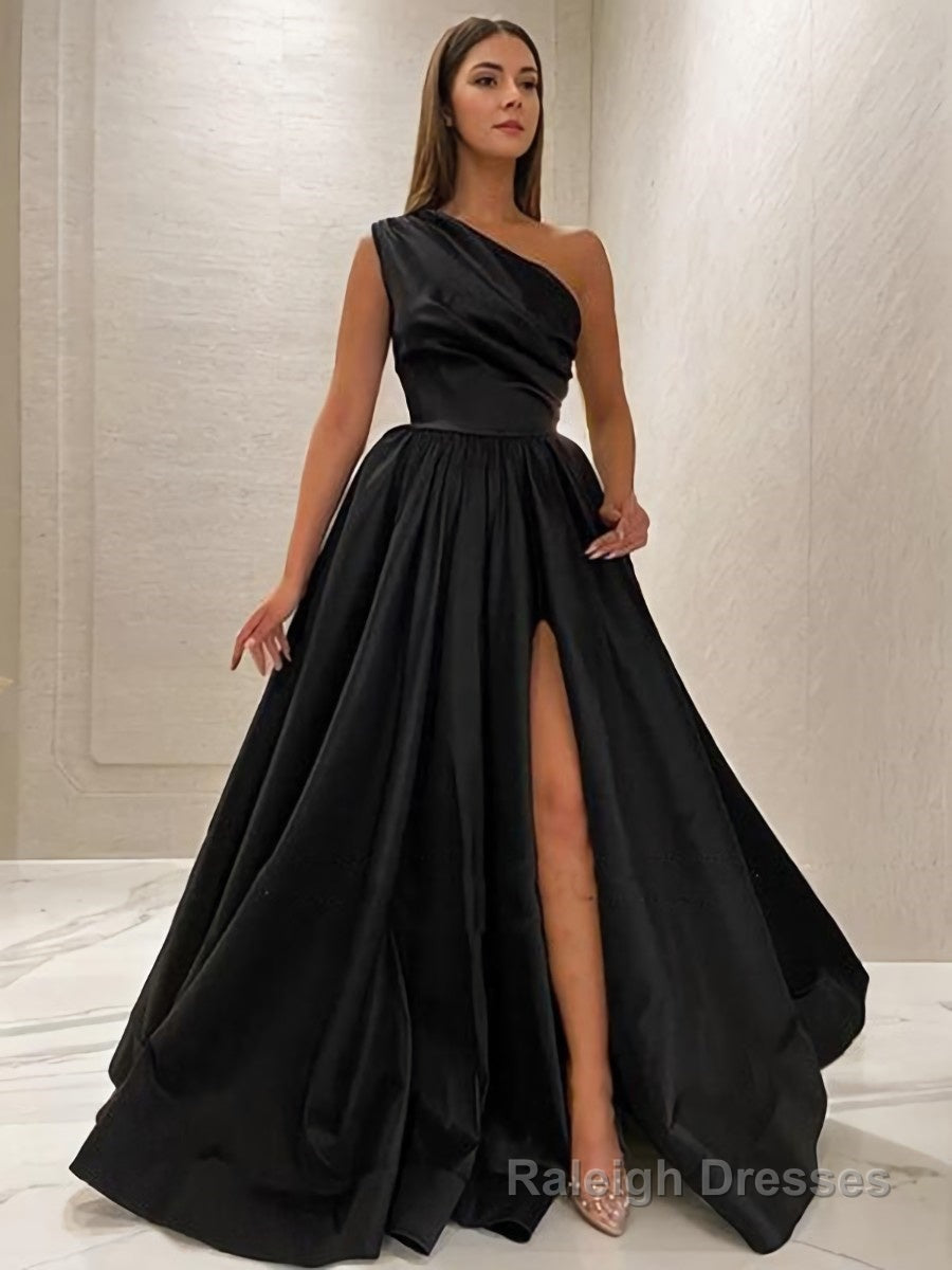 A Line One Shoulder Sweep Train Satin Prom Dresses With Leg Slit Secondary image
