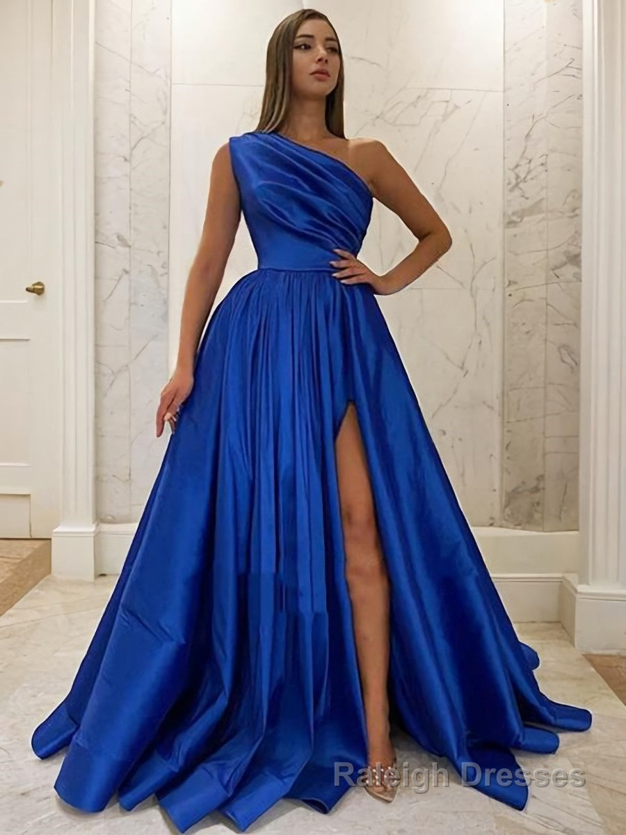 A Line One Shoulder Sweep Train Satin Prom Dresses With Leg Slit