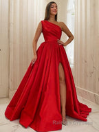 A Line One Shoulder Sweep Train Satin Prom Dresses With Leg Slit