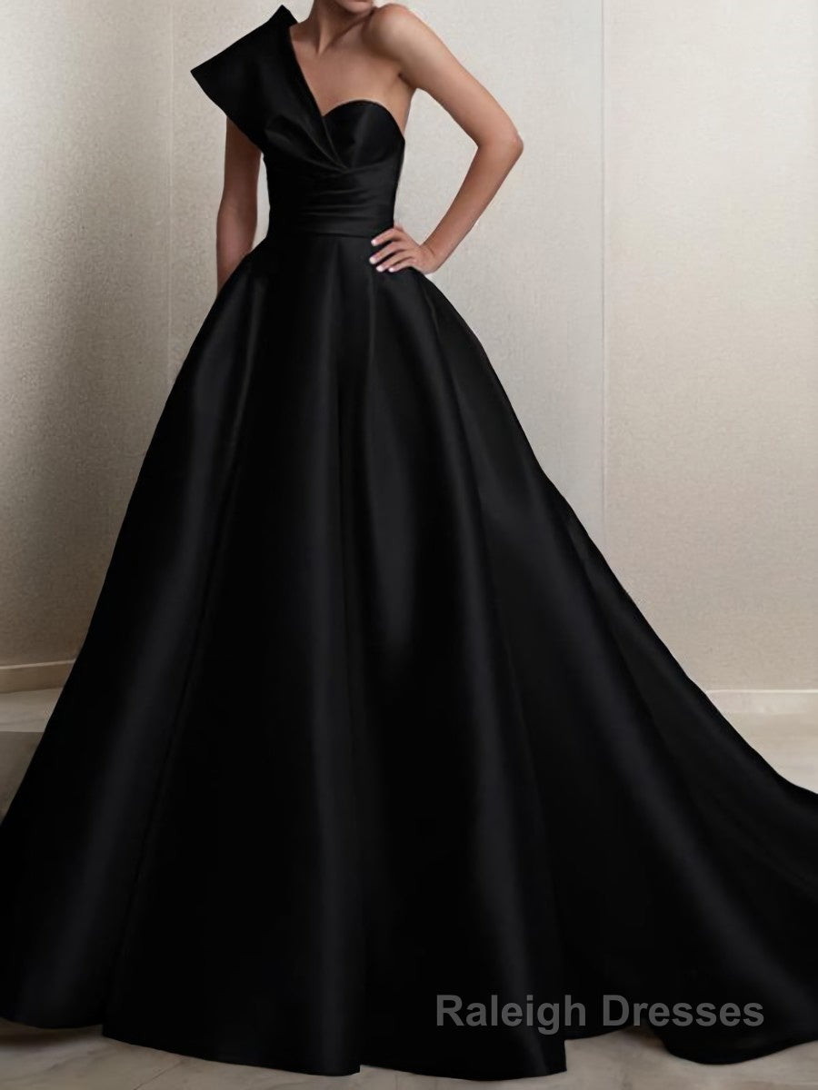 A-Line/Princess One-Shoulder Sweep Train Satin Prom Dresses With Ruffles Main image