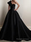 A Line One Shoulder Sweep Train Satin Prom Dresses With Ruffles