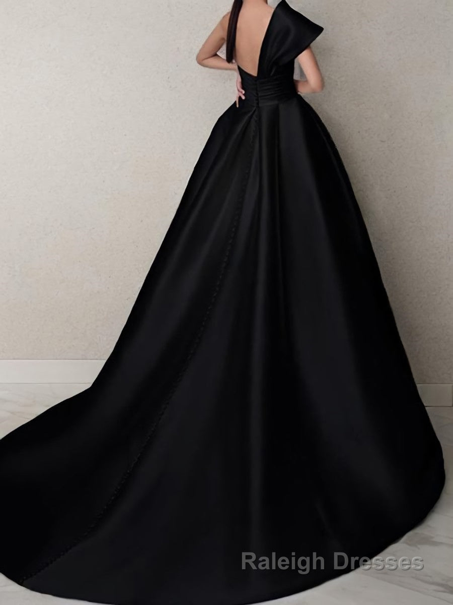 A Line One Shoulder Sweep Train Satin Prom Dresses With Ruffles