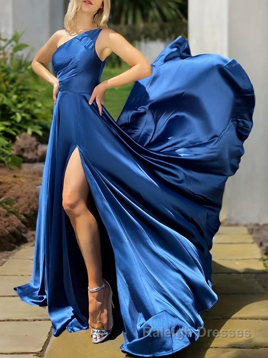A Line One Shoulder Sweep Train Silk like Satin Prom Dresses With Leg Slit Main image